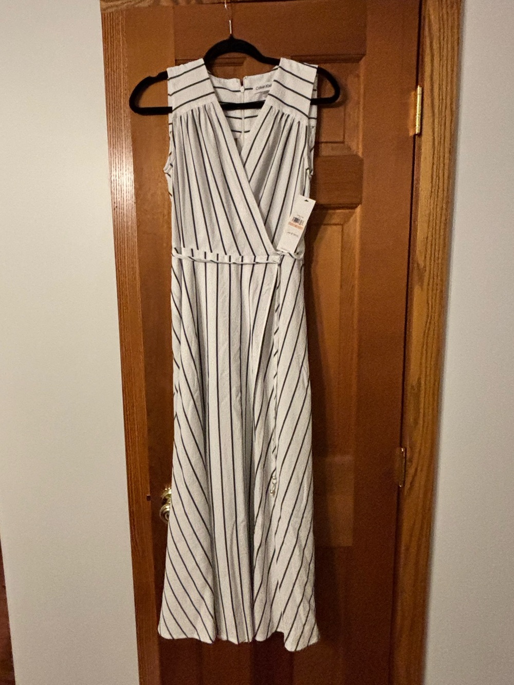 Calvin Klein White Maxi Dress with Black Pinstripes